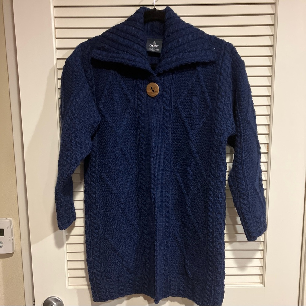ARAN Ireland Pure Wool Navy Chunky Collar Coat Cardigan Traditional Cabl…